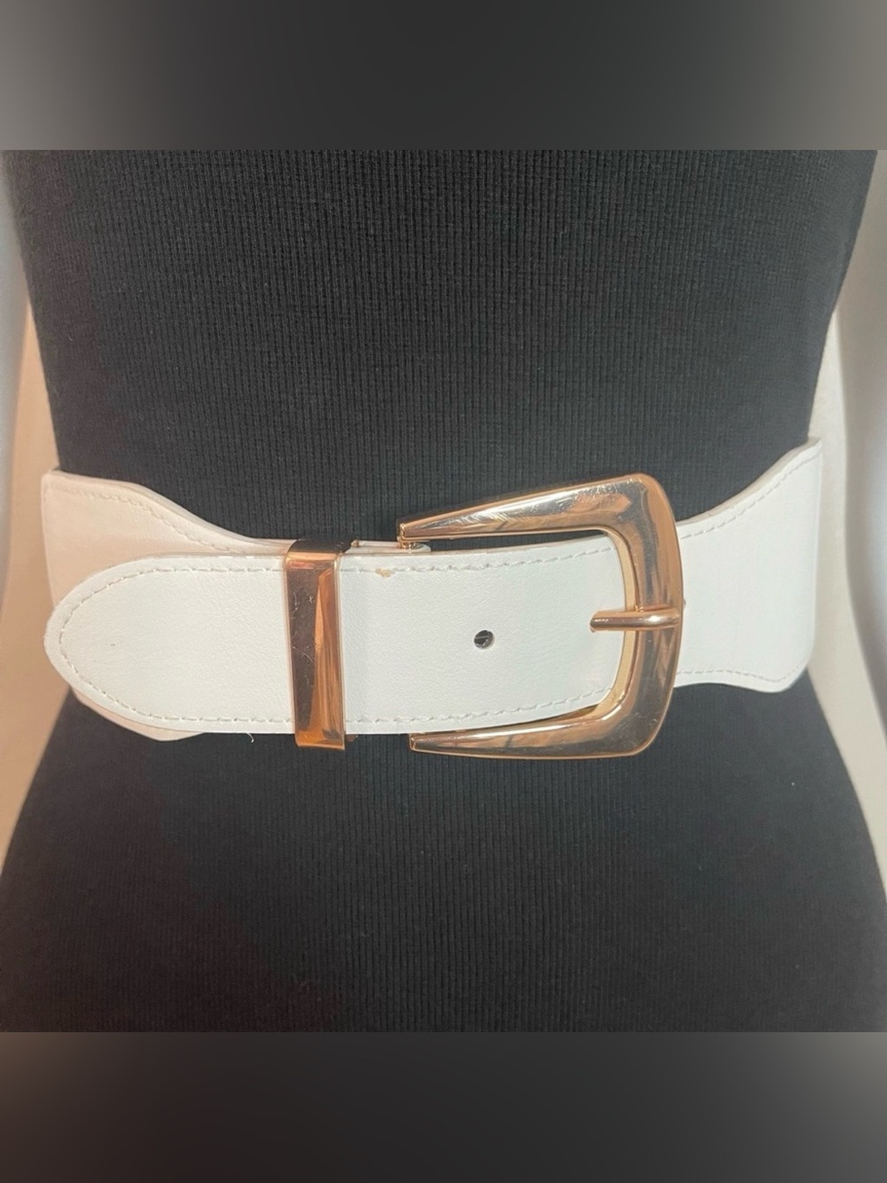 White PU leather gold tone buckle elastic waistband belt